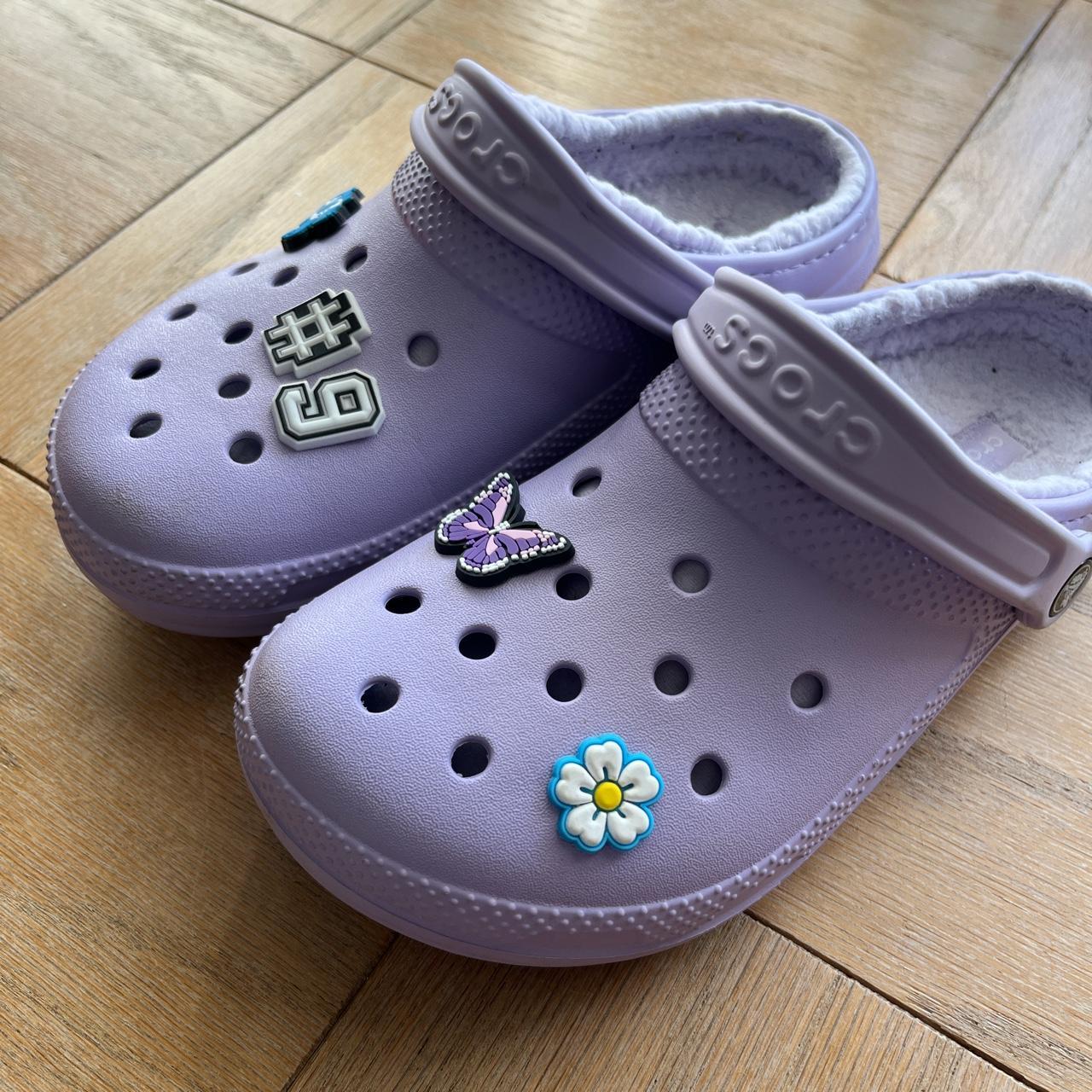 Lilac fluffy crocs w/ croc charms, out of box,... - Depop