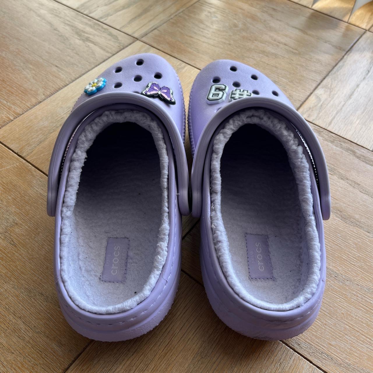 Lilac fluffy crocs w/ croc charms, out of box,... - Depop