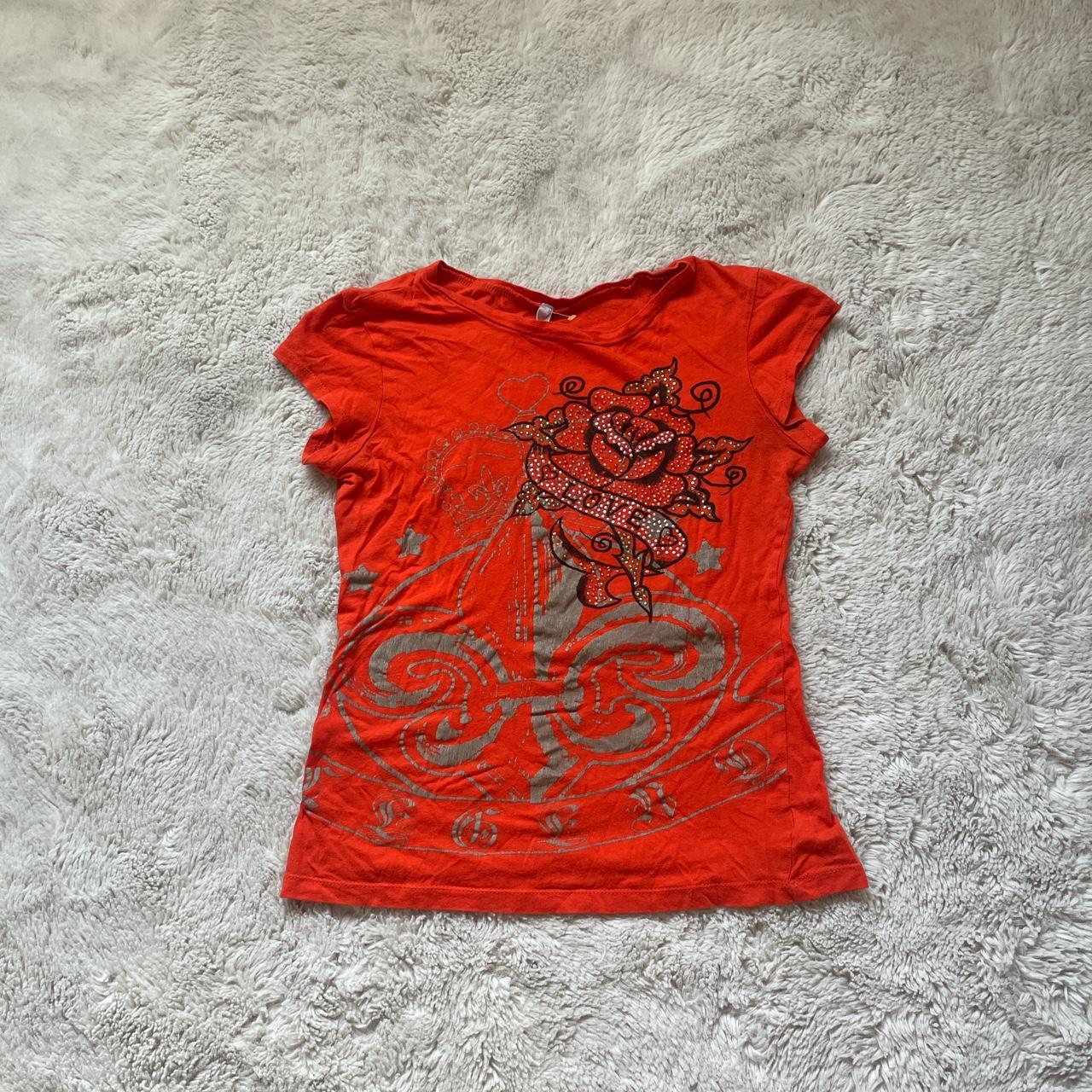 Bright blood orange Ed hardy looking short sleeve... Depop