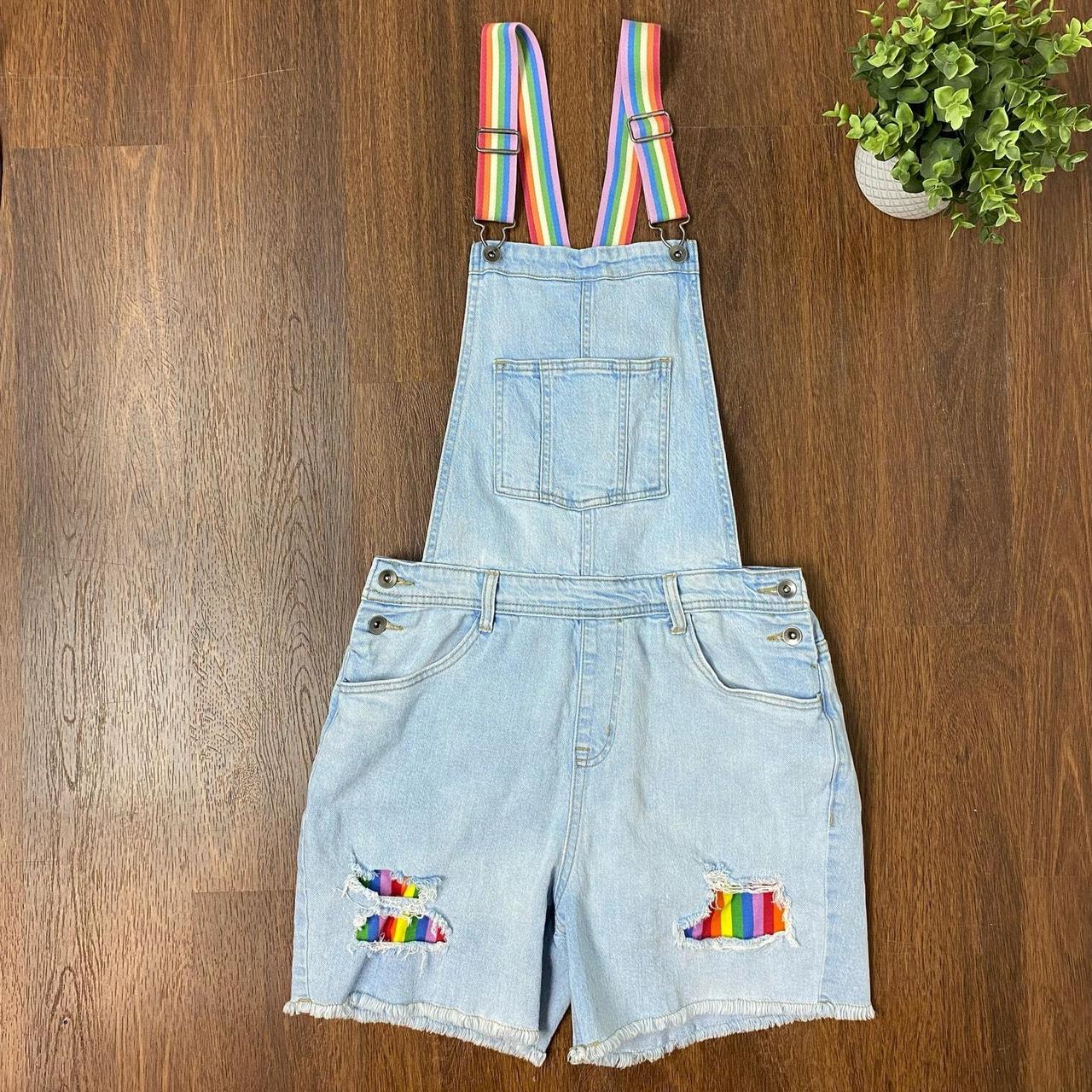 Target Denim Shortalls Rainbow Straps Distressed. Depop