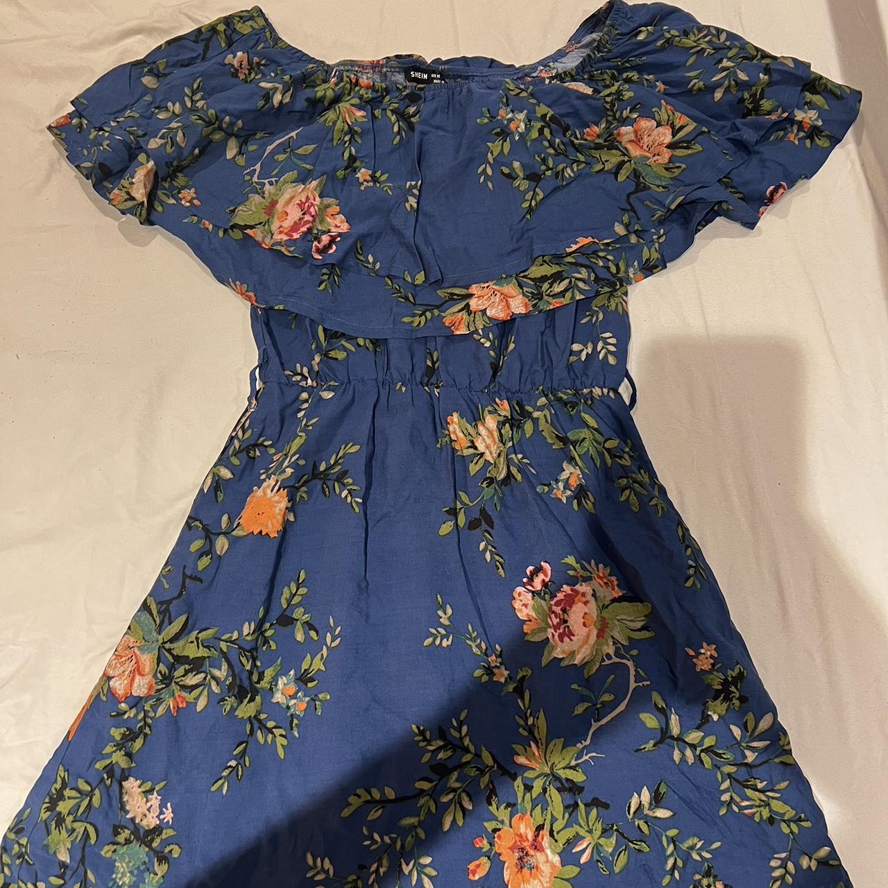 Blue floral off the shoulder dress - Depop