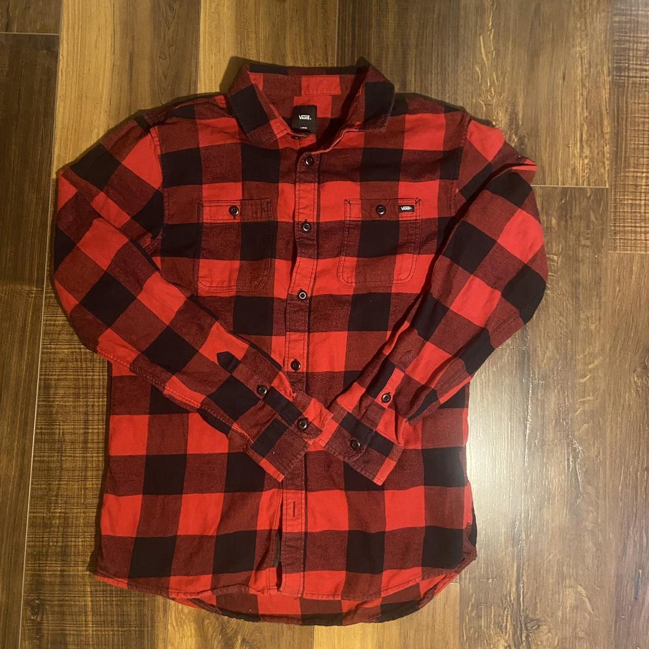 Vans Red and Black Plaid Flannel Shirt Size L - Depop