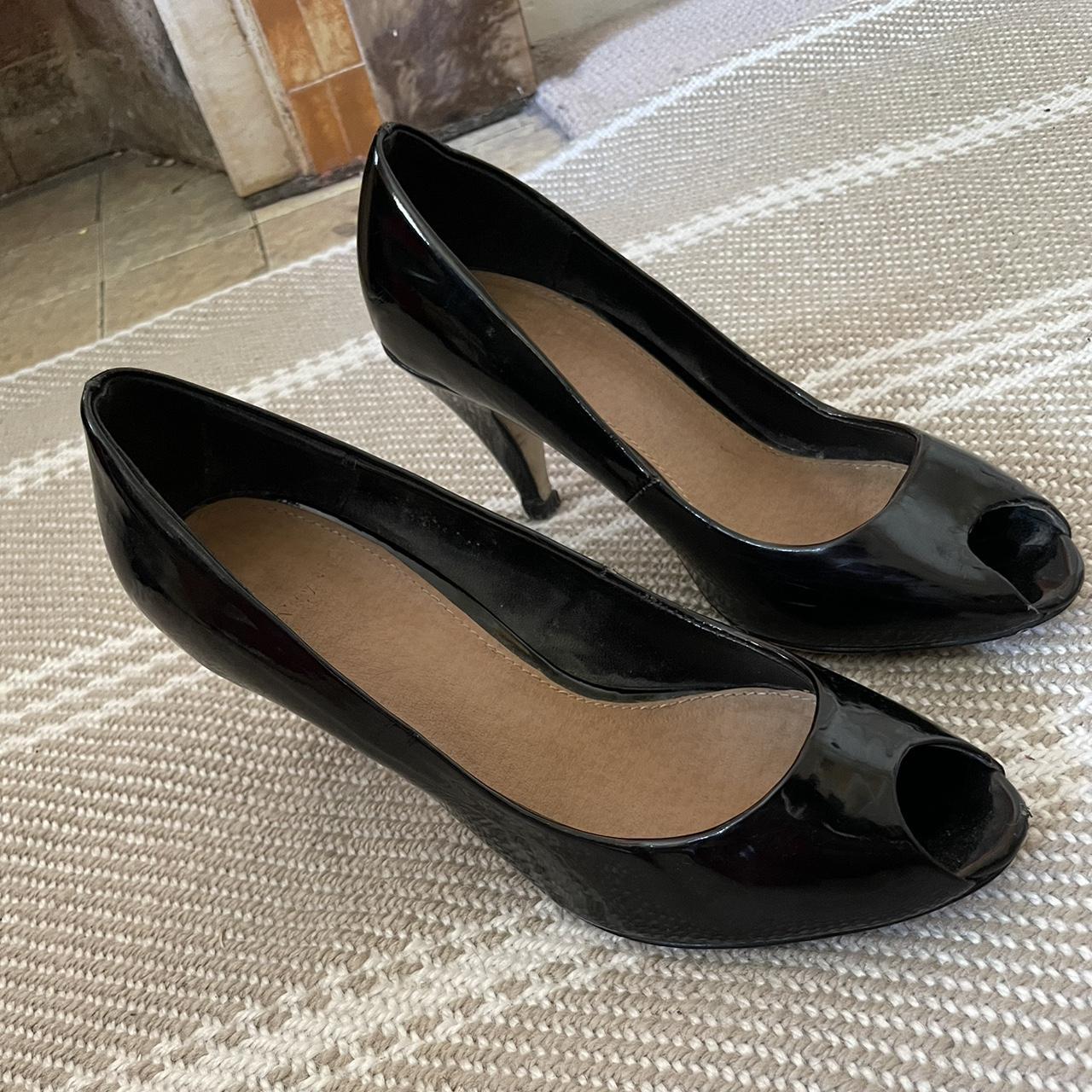 Black shiny clearance open toe heels