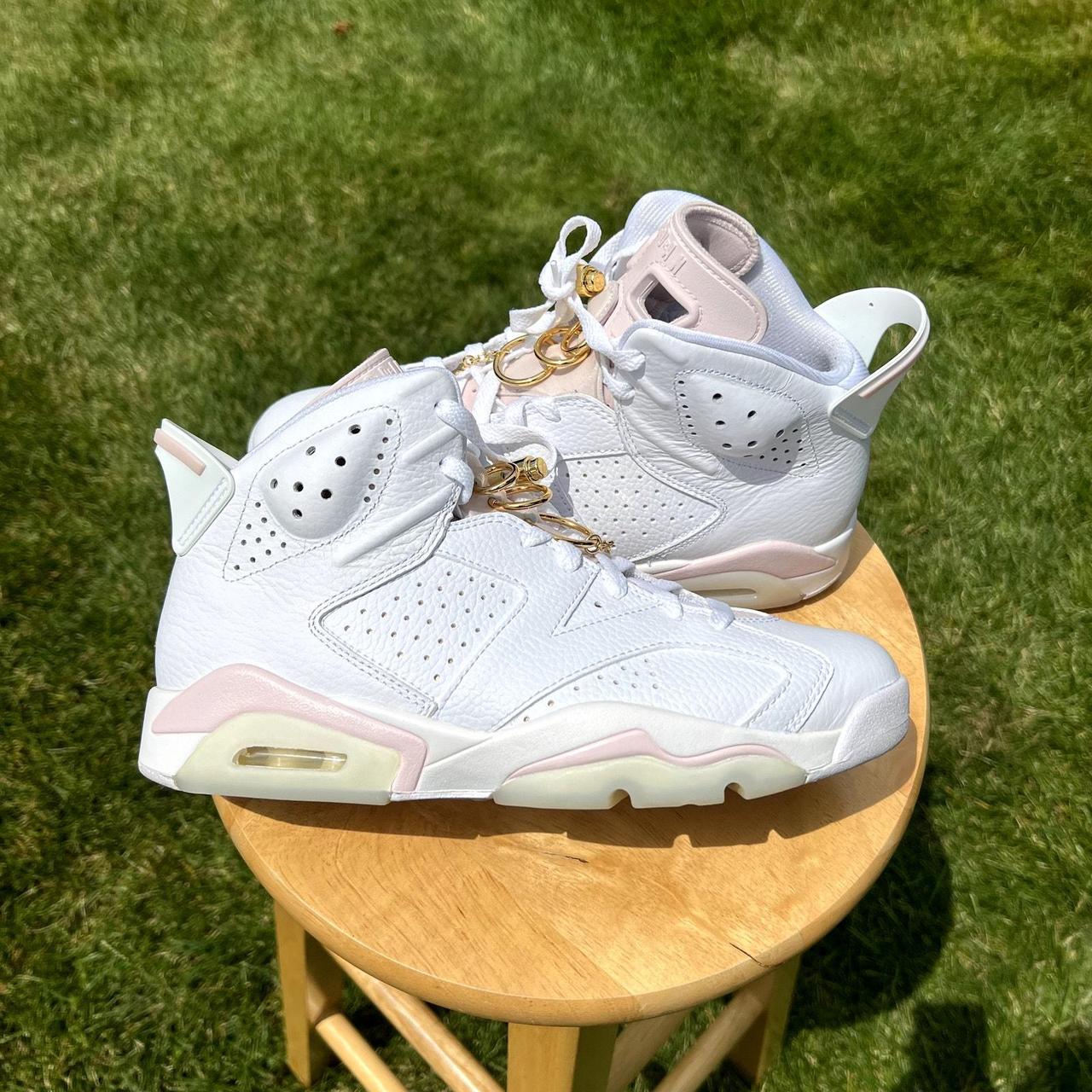 Pink white and gold jordans on sale