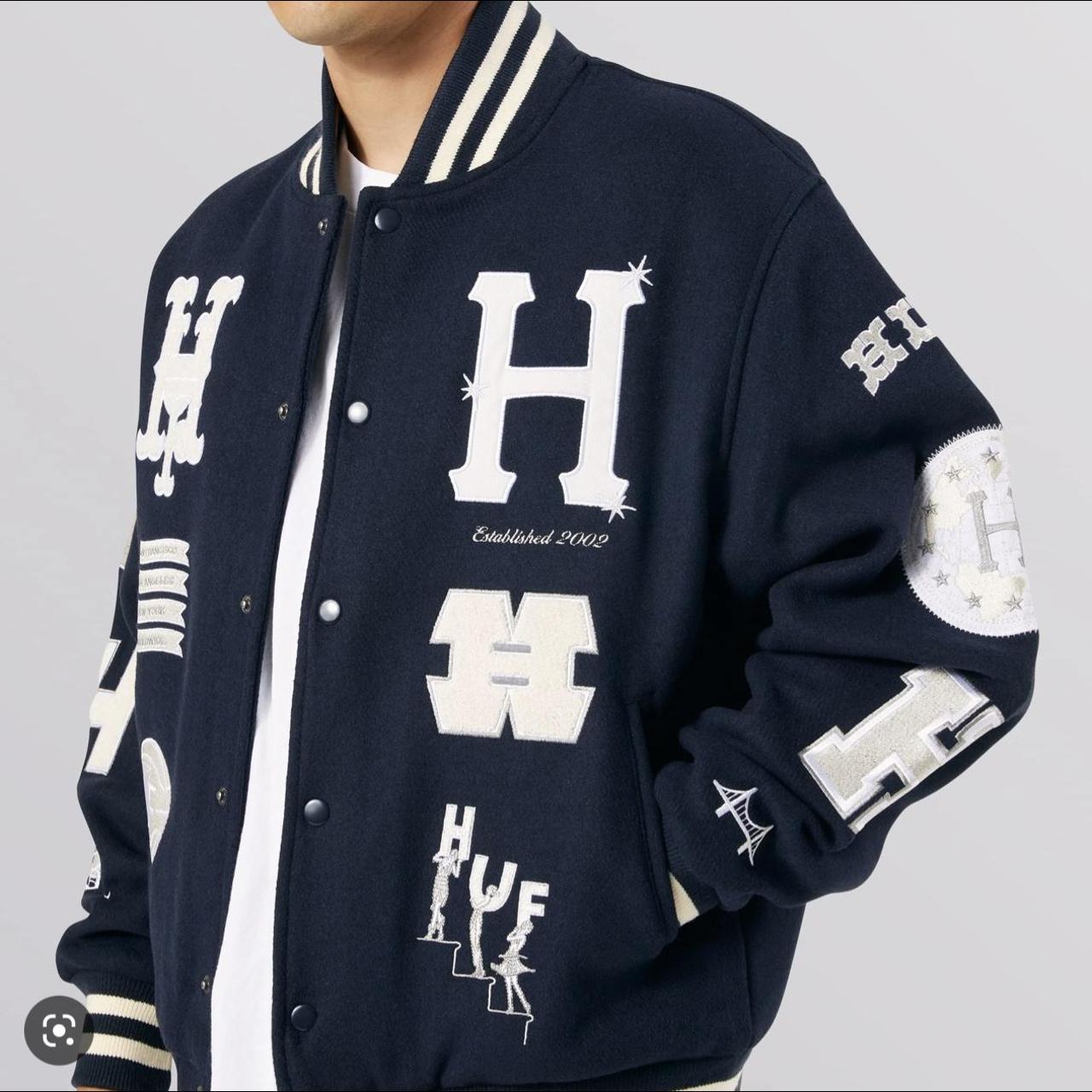 HUF VARSITY JACKET WITH PATCHES- worn twice - Depop