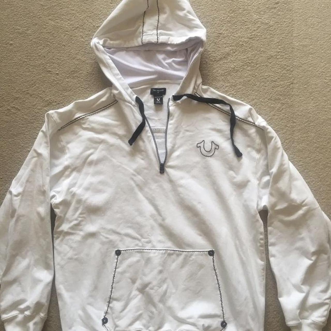 True Religion Men's Cream and White Hoodie Depop
