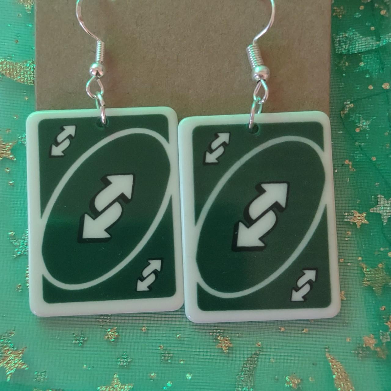 Cute Green Kidcore Uno Reverse Card Earrings - Depop