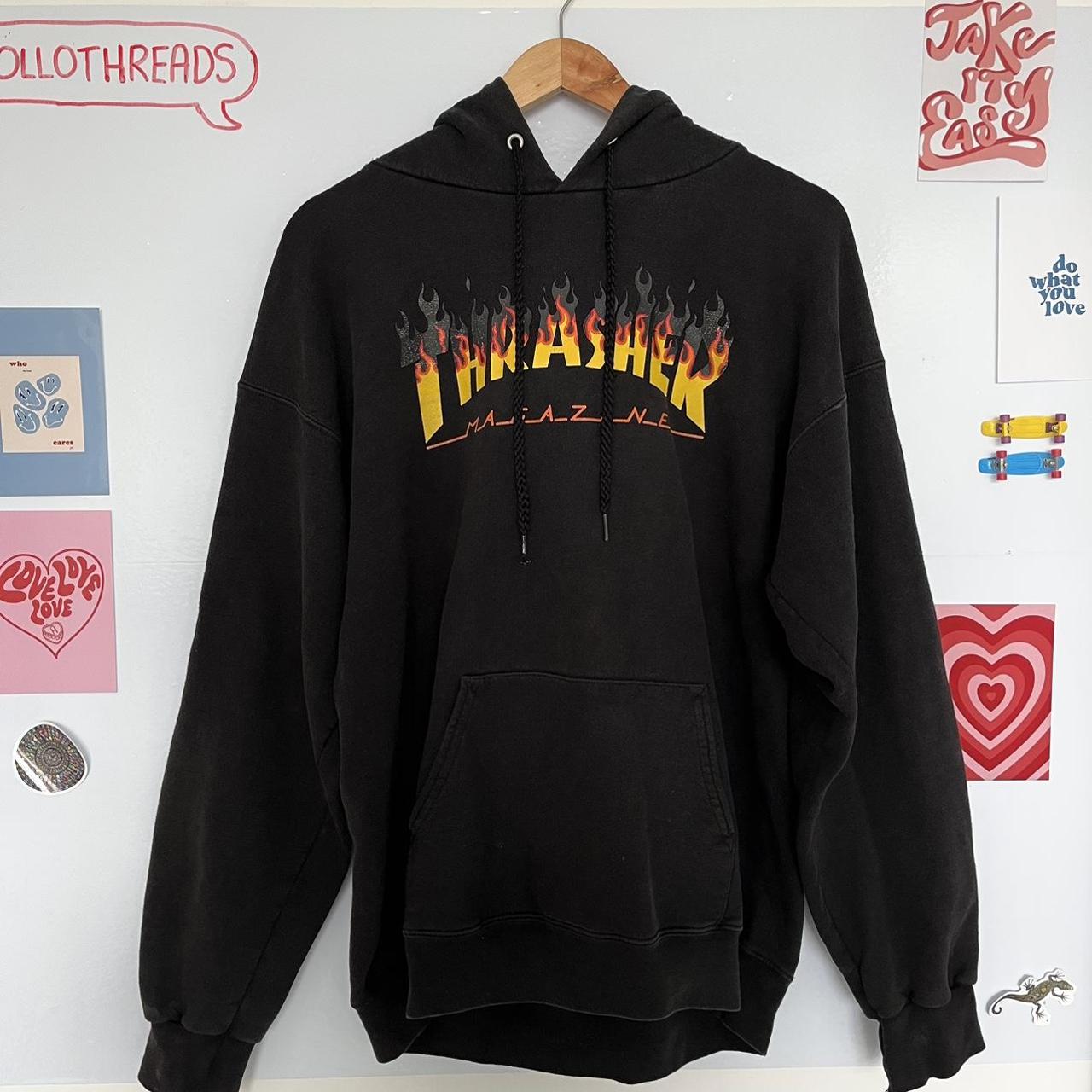 Thrasher Flame Hoodie Black. In good condition but... - Depop