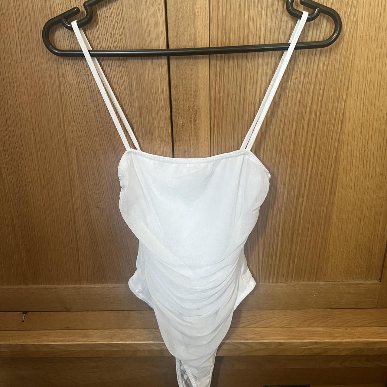 Shape White Mesh Ruched Thong Bodysuit