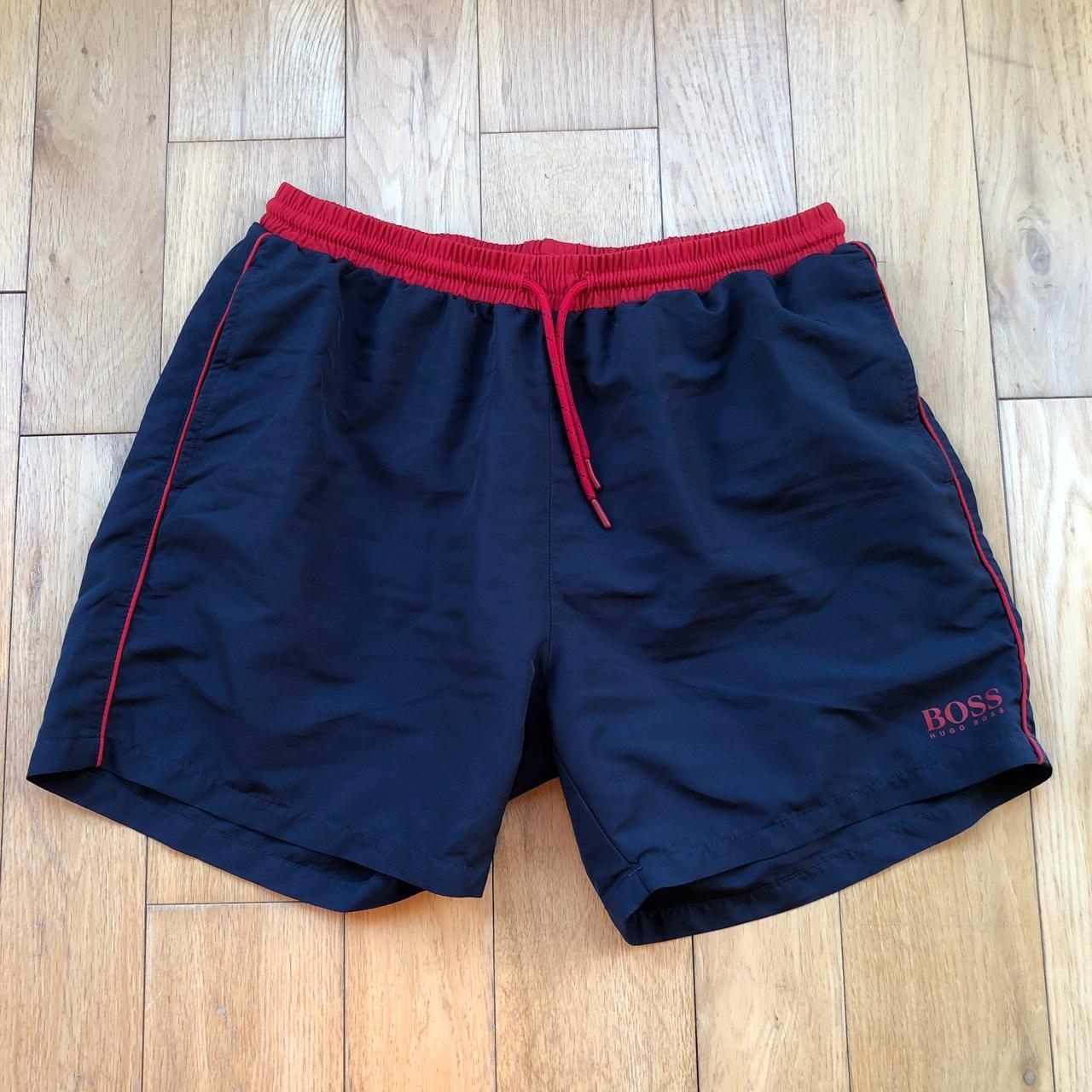 Hugo Boss Men's Red and Navy Shorts | Depop