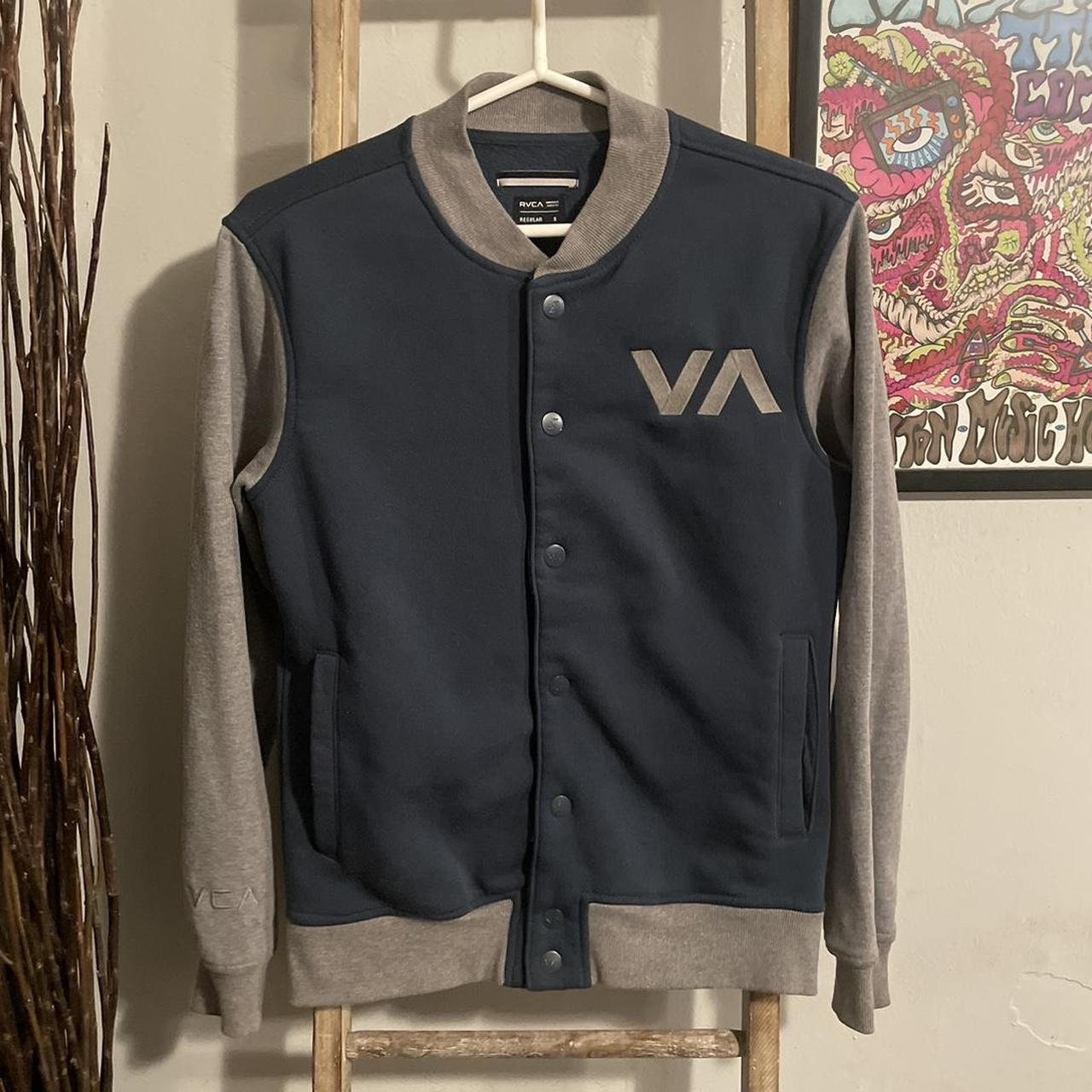 RVCA blue and gray Varsity Letterman style jacket.... - Depop