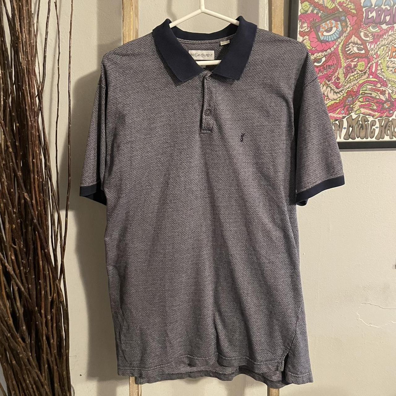 Yves Saint Laurent Men's Grey and Navy Polo-shirts | Depop