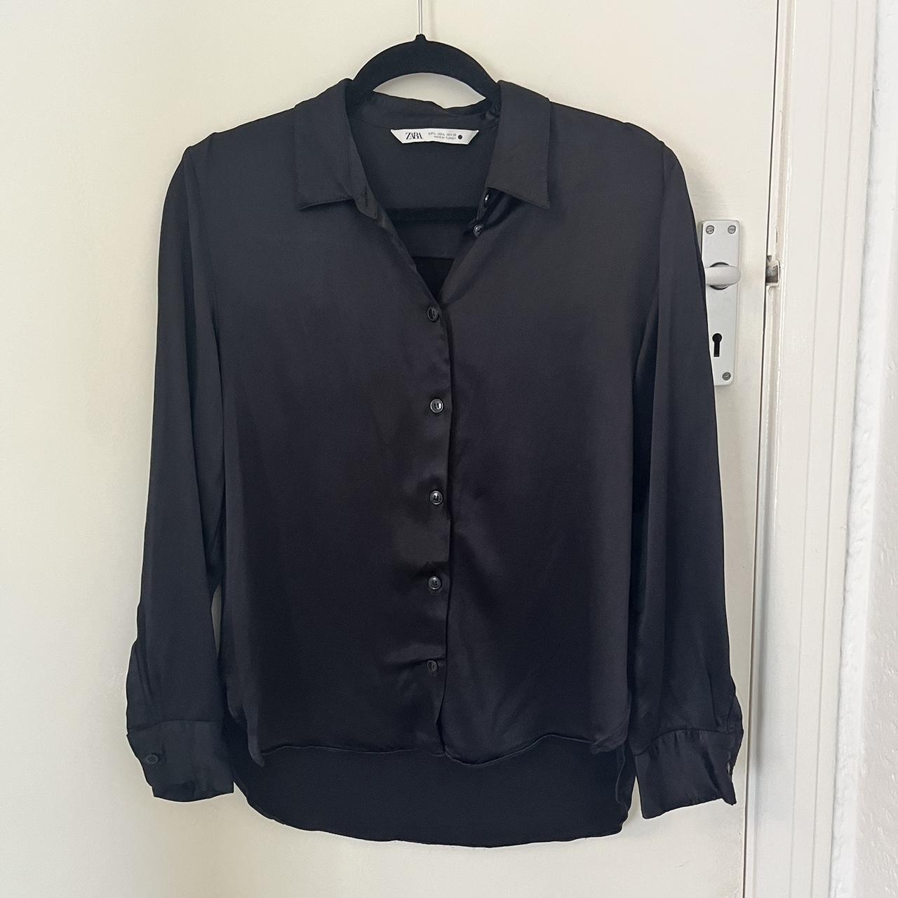 Zara silk/satin-like black button down shirt. Sz L - Depop