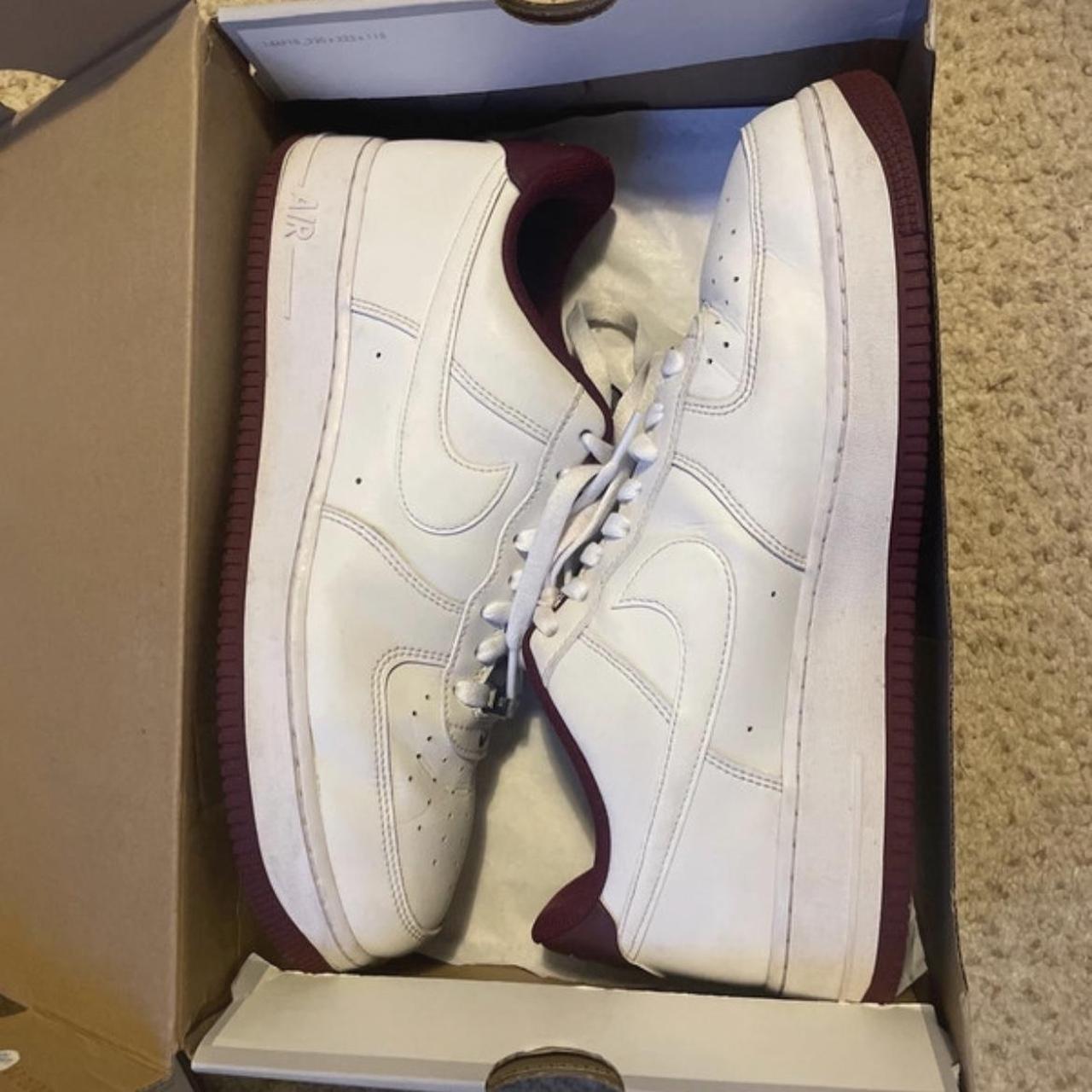 burgundy and white air force ones