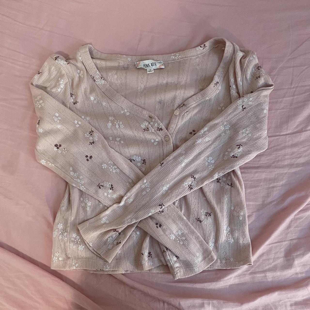 pink long sleeve floral cardigan Size M but lwk fits... - Depop
