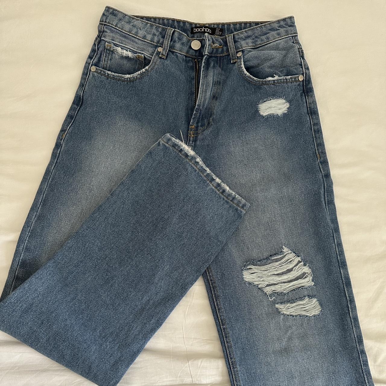 BOOHOO blue straight wide leg jeans with cuts on the... - Depop