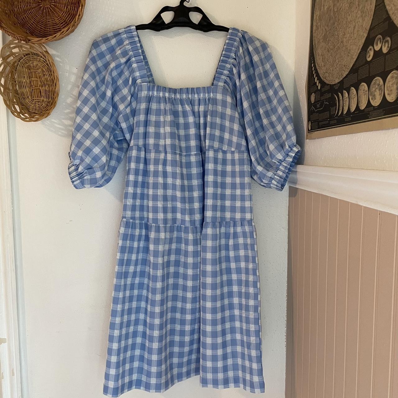 Blue plaid gingham puff sleeve tiered midi dress... - Depop