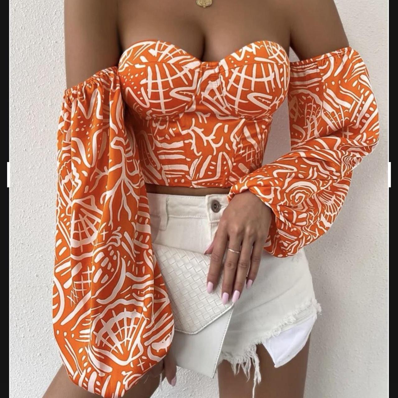 SHEIN Orange white printed off the shoulder
