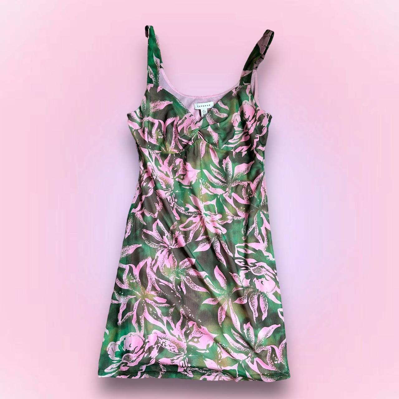 Topshop Women's Pink and Green Dress | Depop