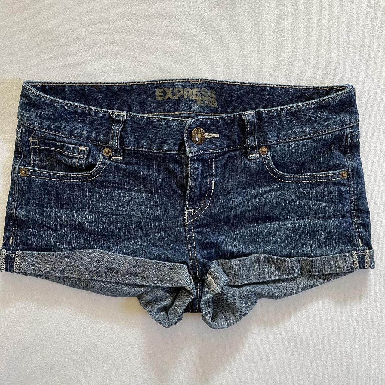 Y2K micro mini Express low rise jean shorts. Dark... - Depop