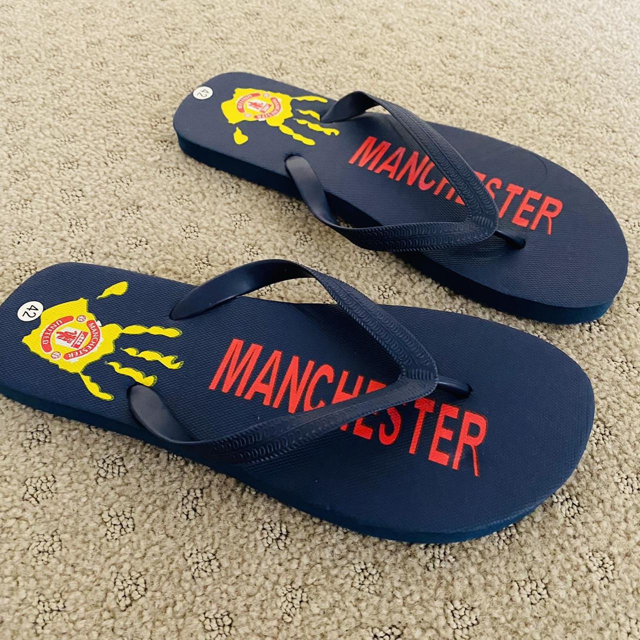 Manchester United Flip Flops Color Navy Blue Depop