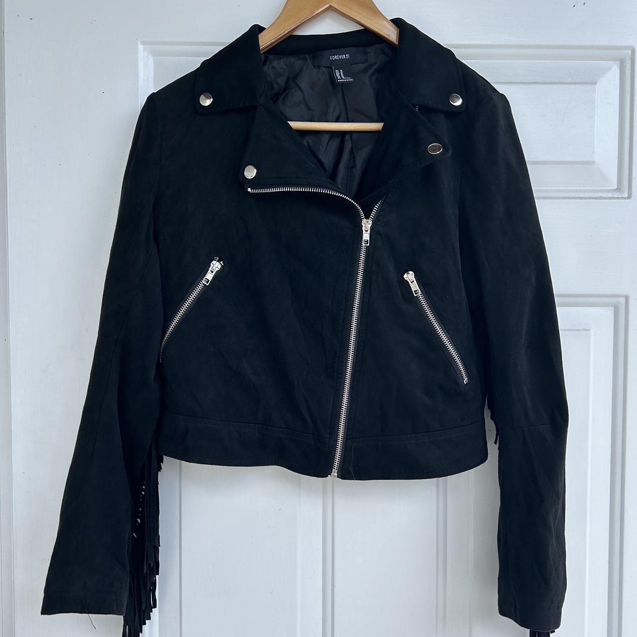 Black suede biker jacket with fringe detailing Depop