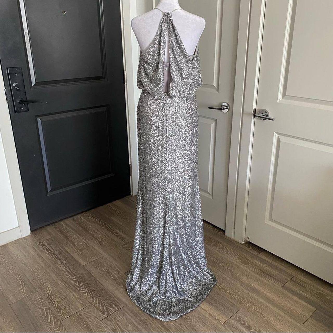 Badgley Mischka Collection Silver Sequins Halter... - Depop