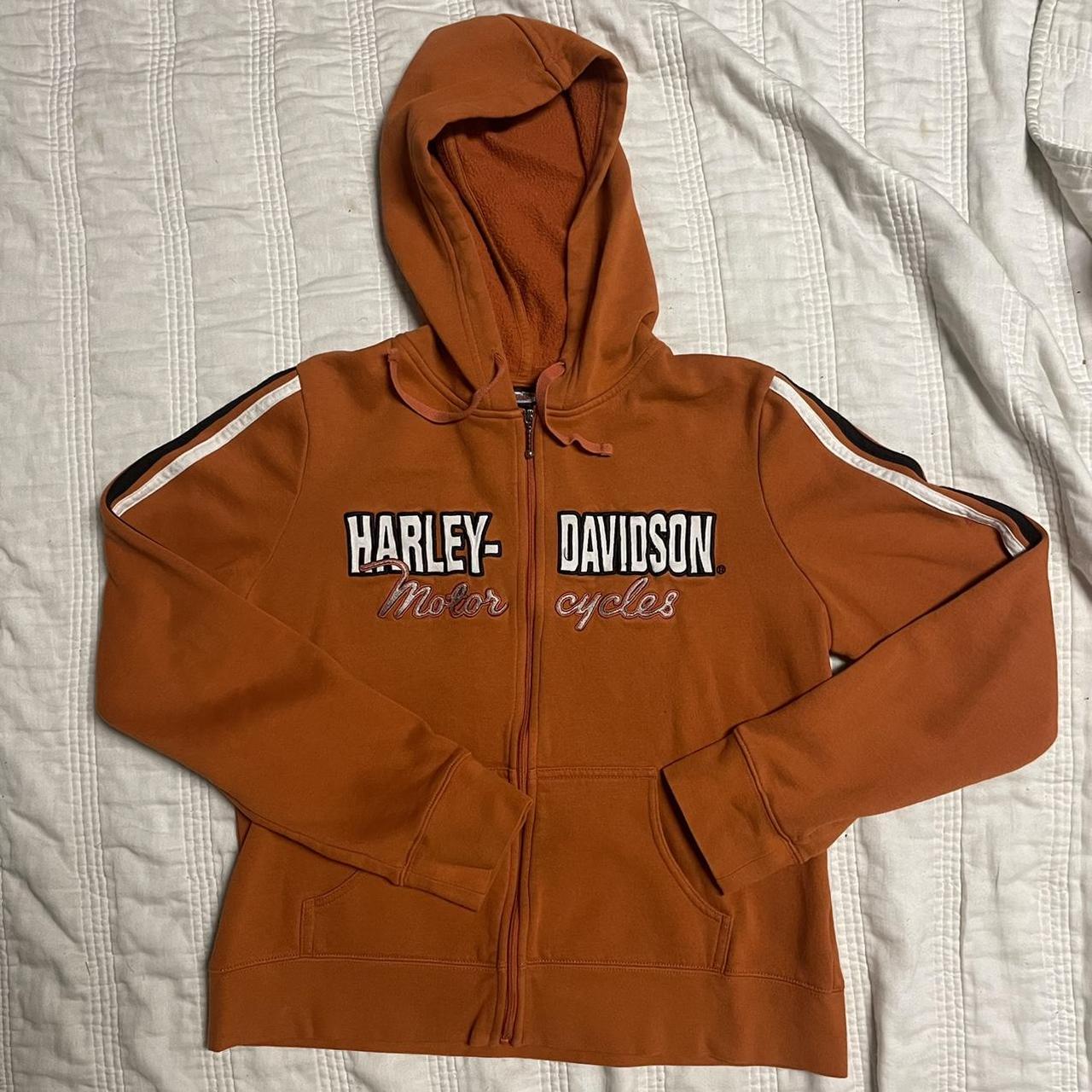 harley davidson zip up hoodie, orange with black and... - Depop