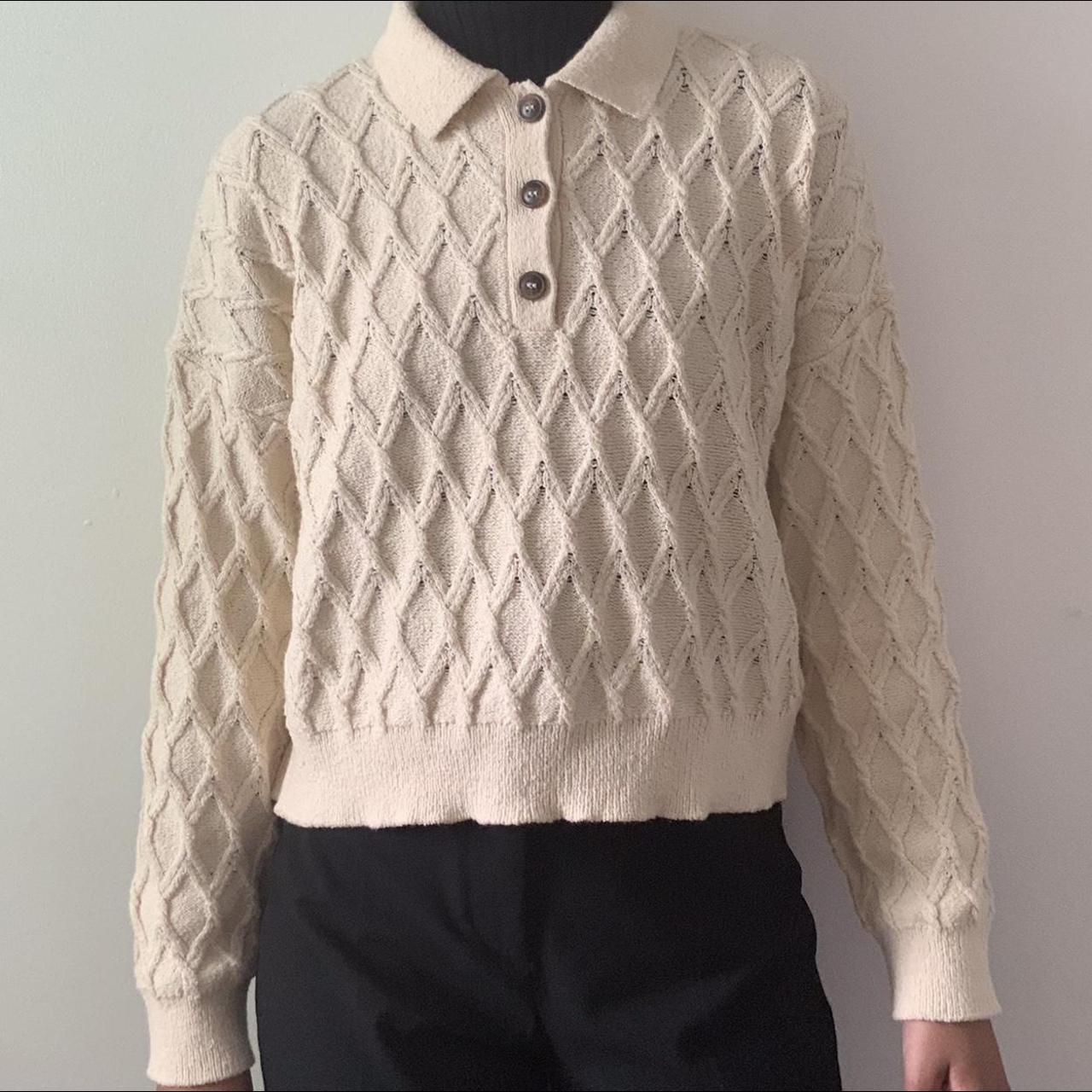Mango Women's Cream and Brown Jumper Depop