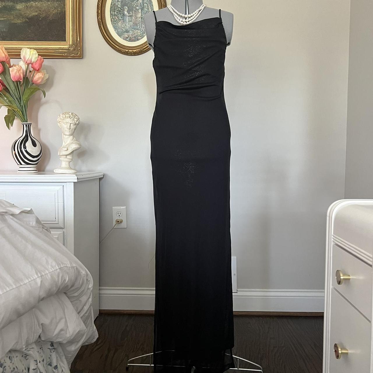 Black formal maxi dress with cowl neck and a slit on... - Depop