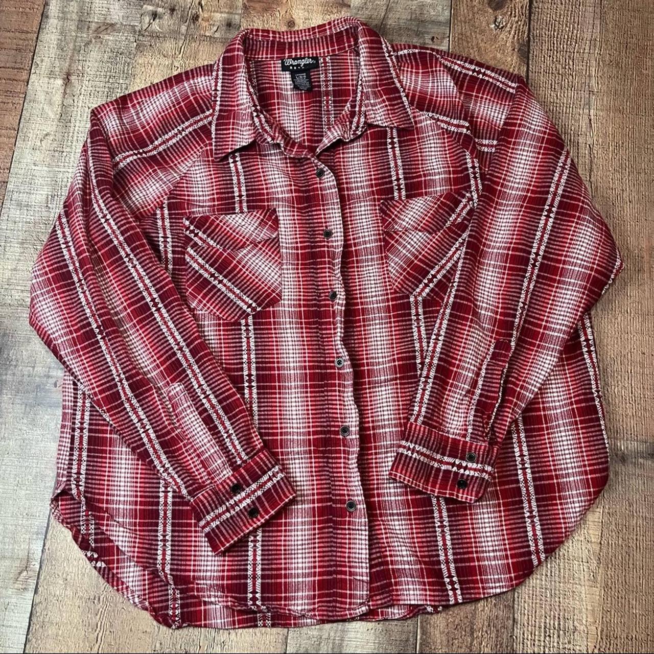 wrangler-women-s-red-and-white-shirt-depop