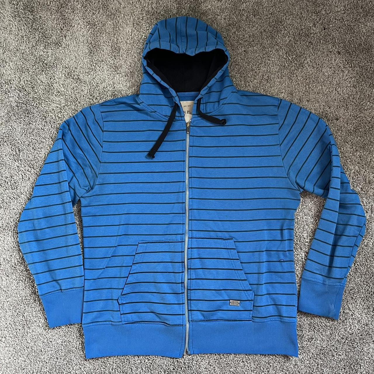 Super sick y2k blue and black striped zip up hoodie,... - Depop