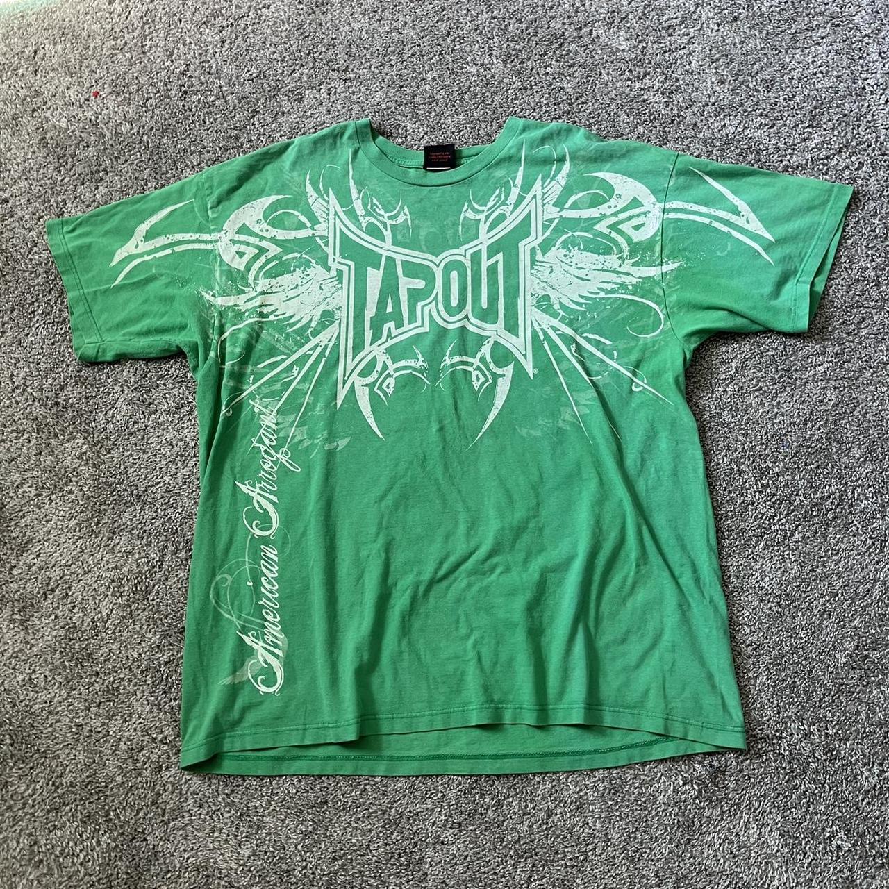 Insane green and white baggy tapout shirt, really... - Depop