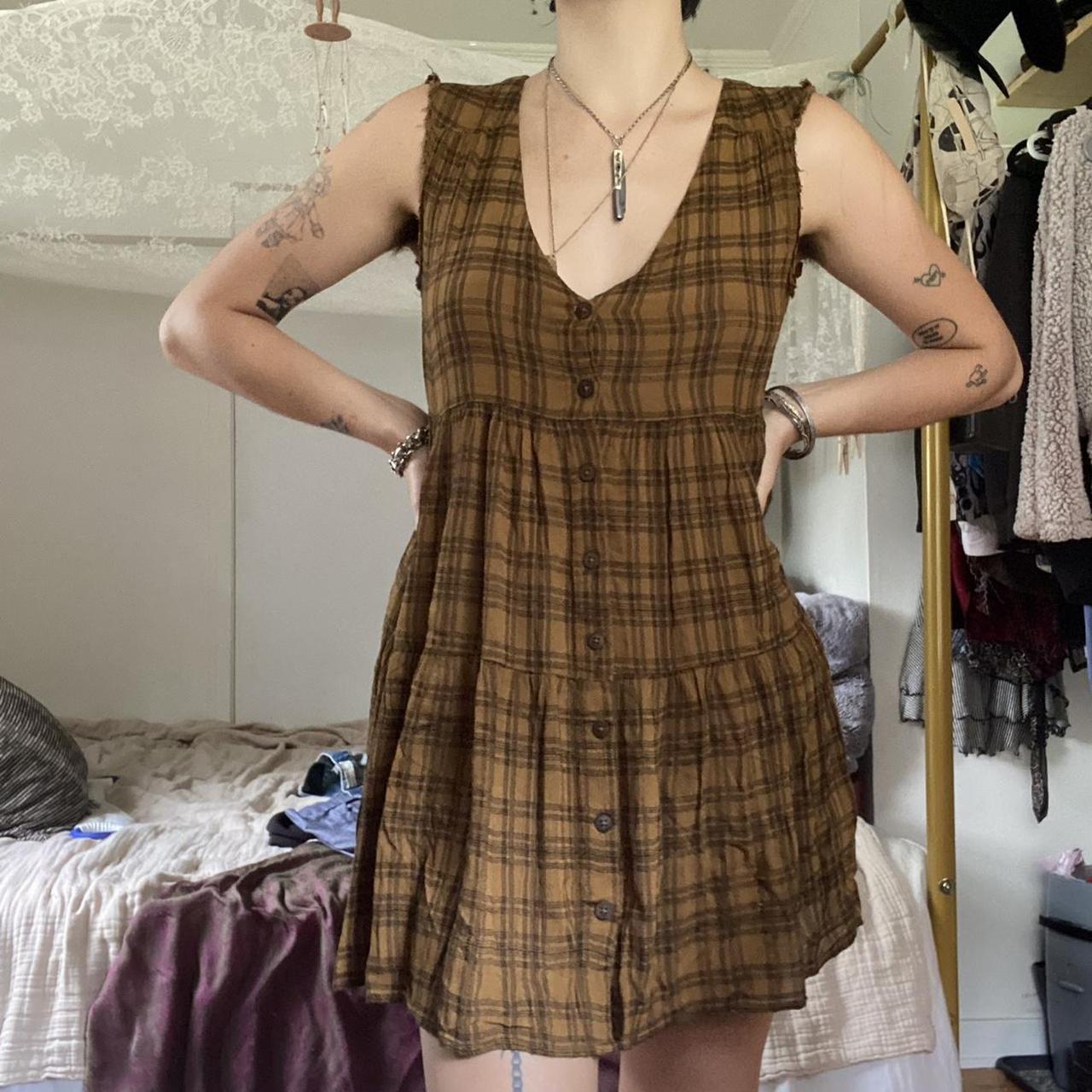 Plaid burnt orange/brownish babydoll dress. Sleeves... - Depop