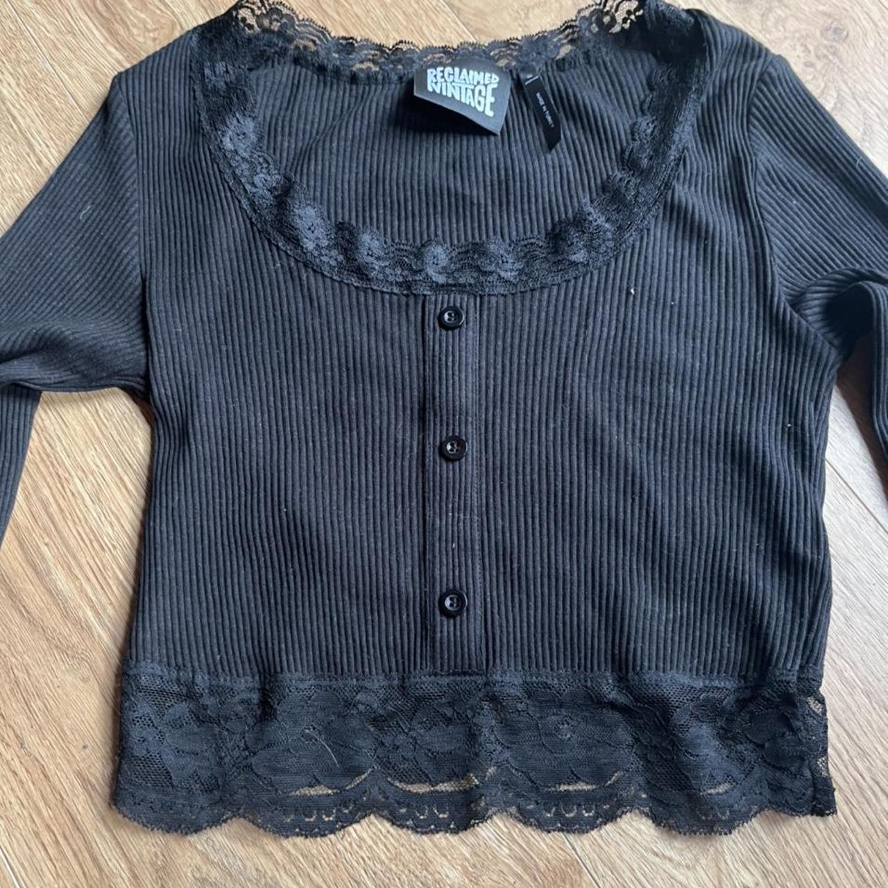 Reclaimed Vintage black, lace, long sleeved crop... - Depop