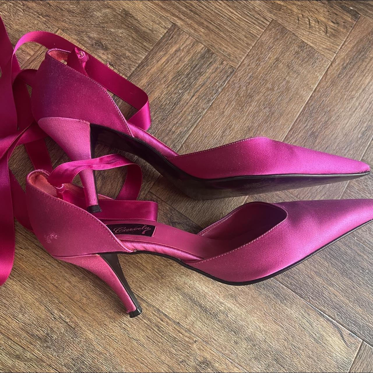 Vintage carvela hot pink low heel pointed satin... - Depop