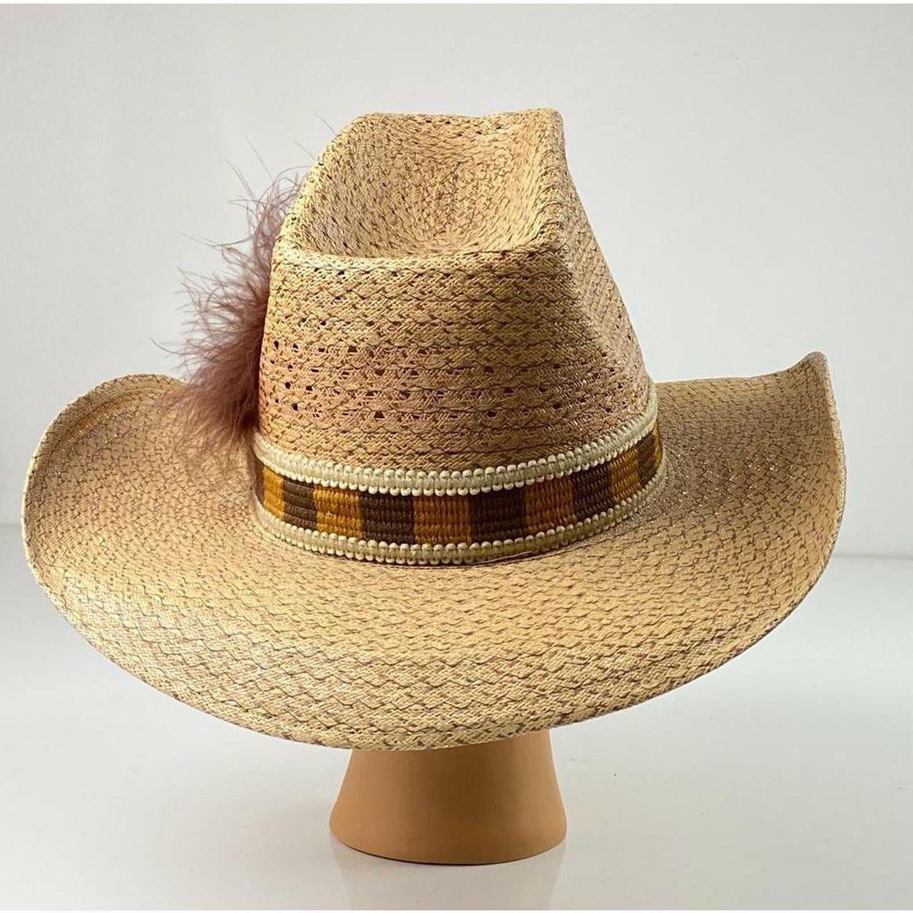 HUSH PUPPIES Mens Western Straw Cowboy Hat Band Wide Brim Feathers Sz 6 3/4  EUC
