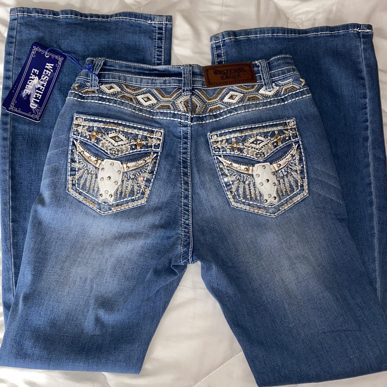 Rhinestone bullhead flare jeans , (not Miss Me jeans