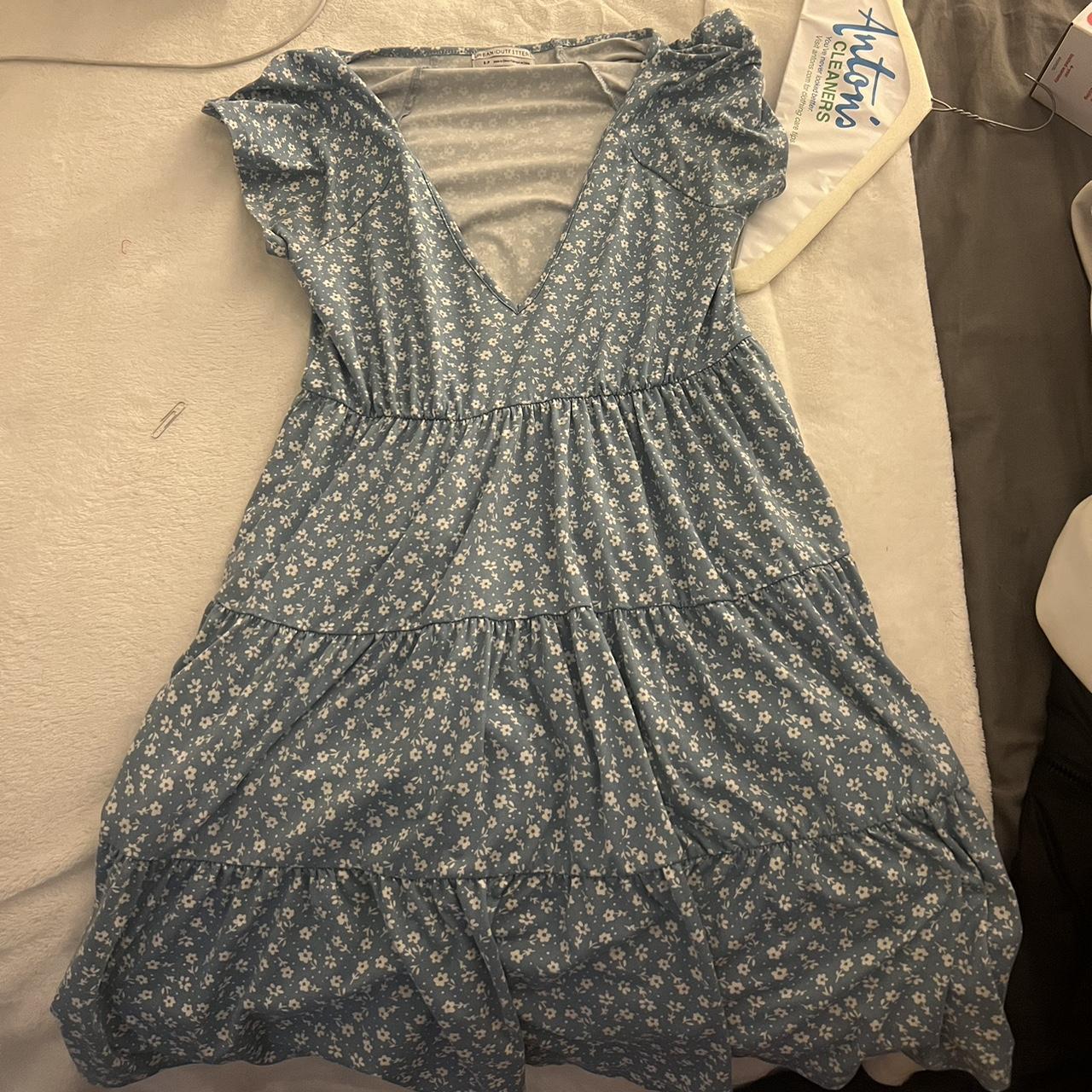 Blue and White Urban Outfitters Floral Mini... - Depop