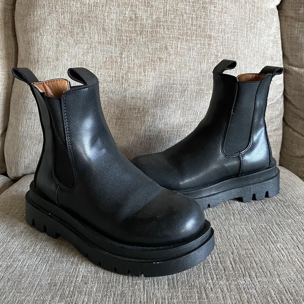 Black faux leather chunky combat boots - Depop