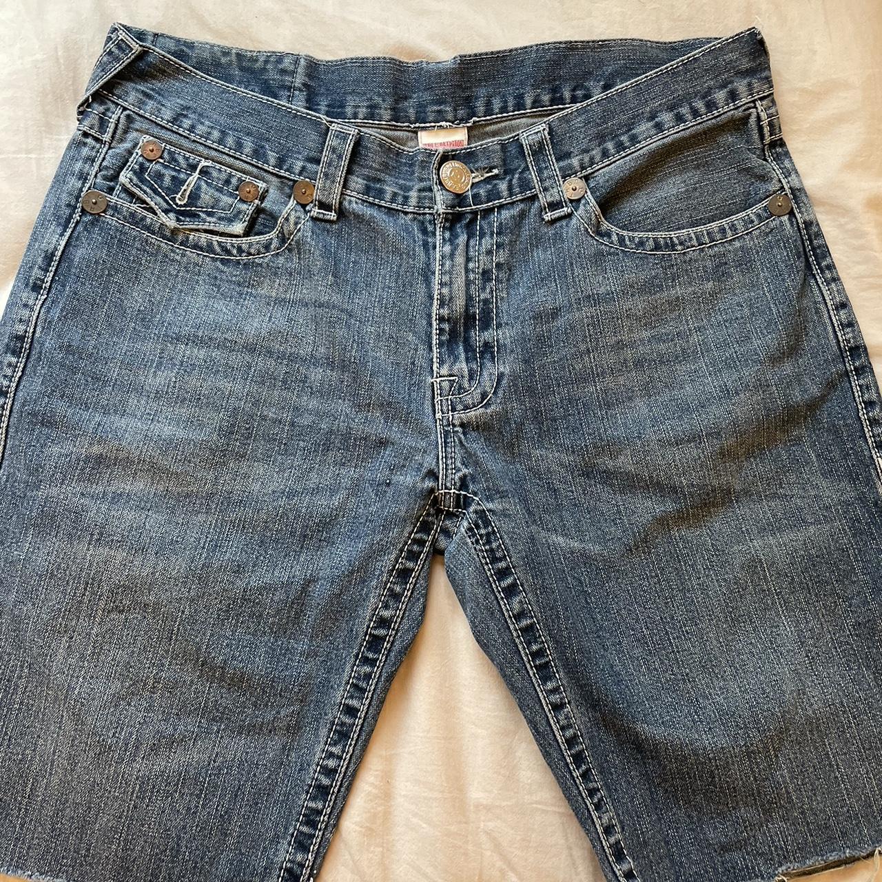 true religion jorts from the 2000's! a tear on the... - Depop