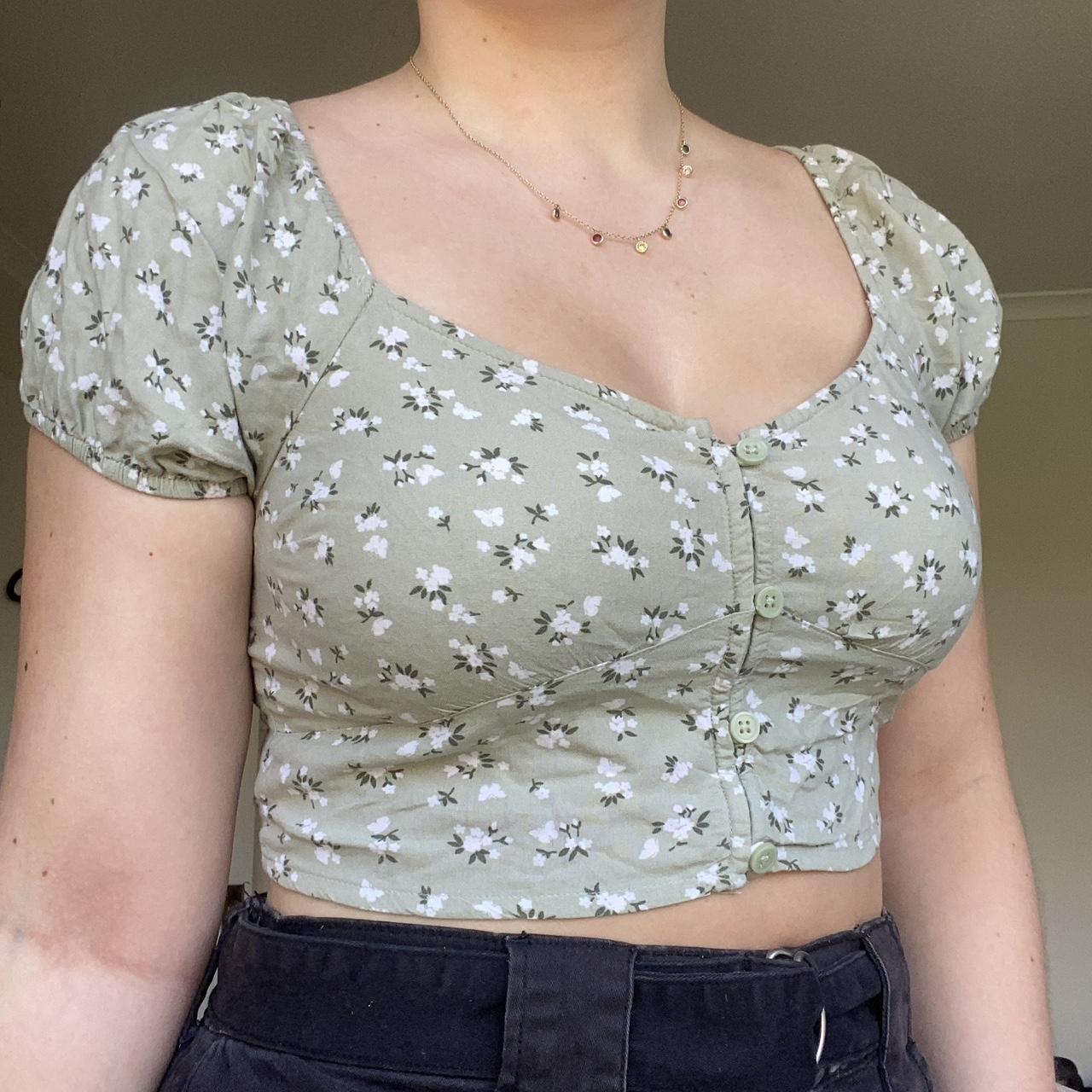 Hollister crop off the shoulder green floral top,... - Depop