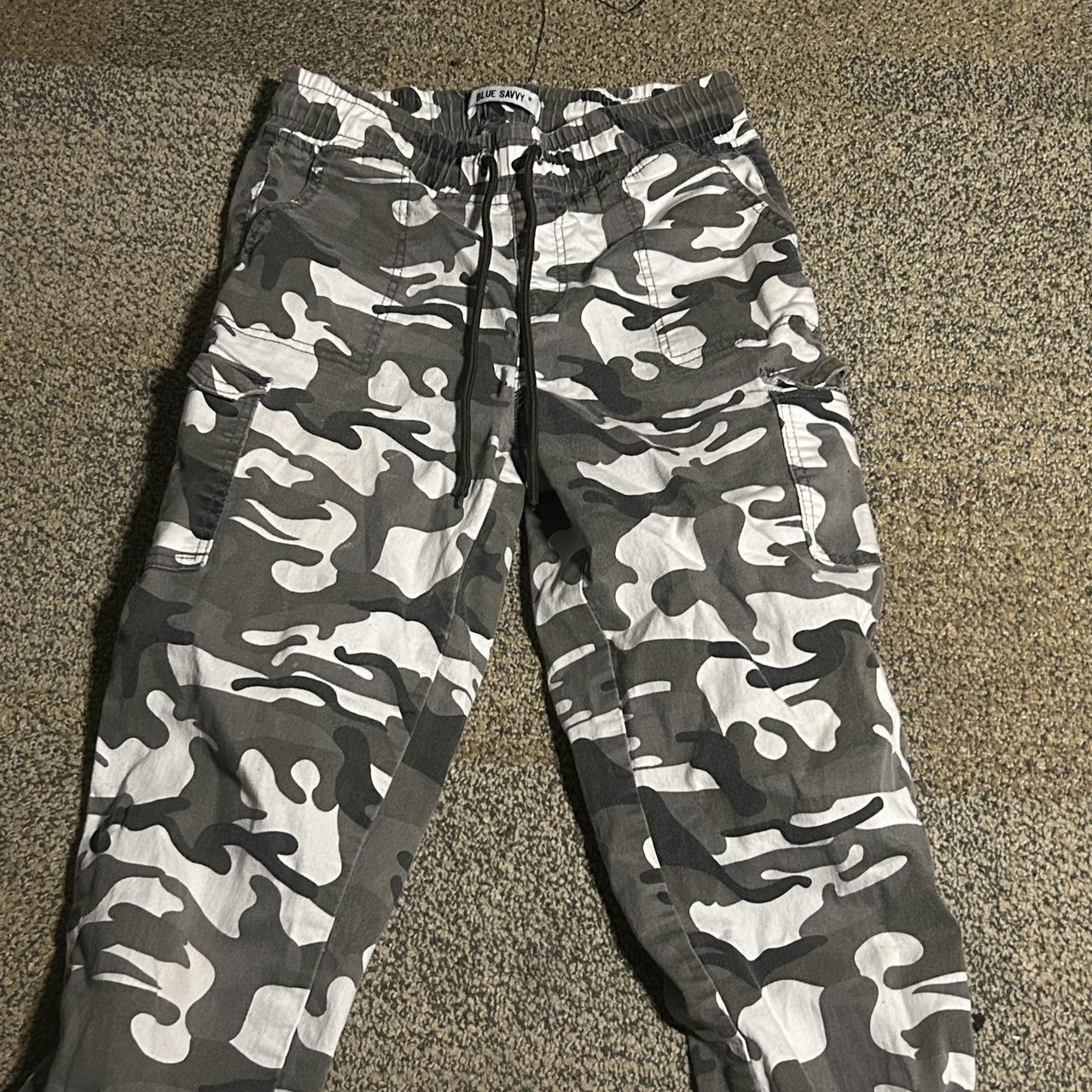 drawstring grey and white camouflage cargo pants the... - Depop