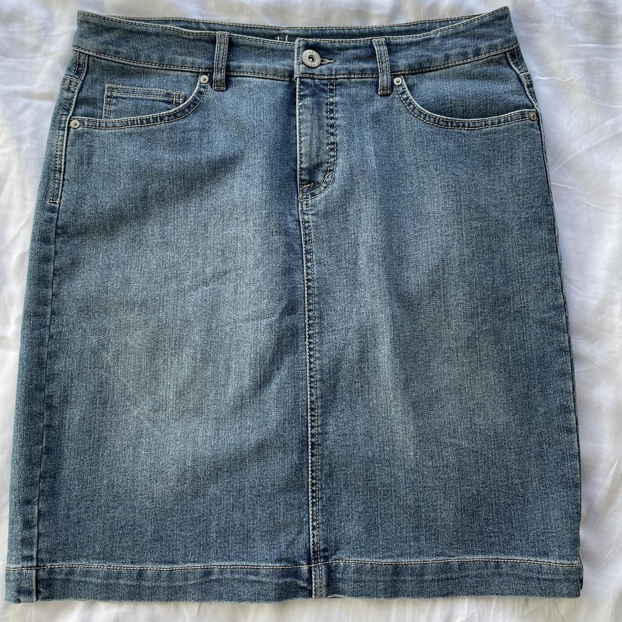 medium wash denim skirt Worn a few times but in... - Depop