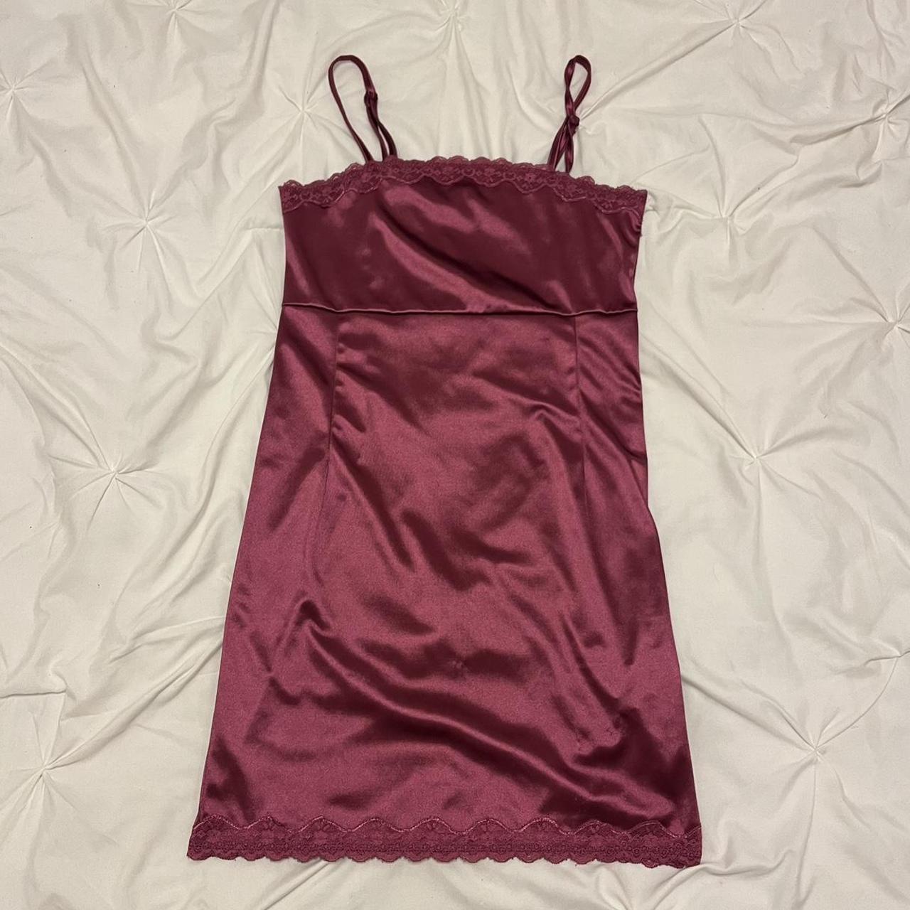 Grape purple satin slip dress with lace trimming -... - Depop