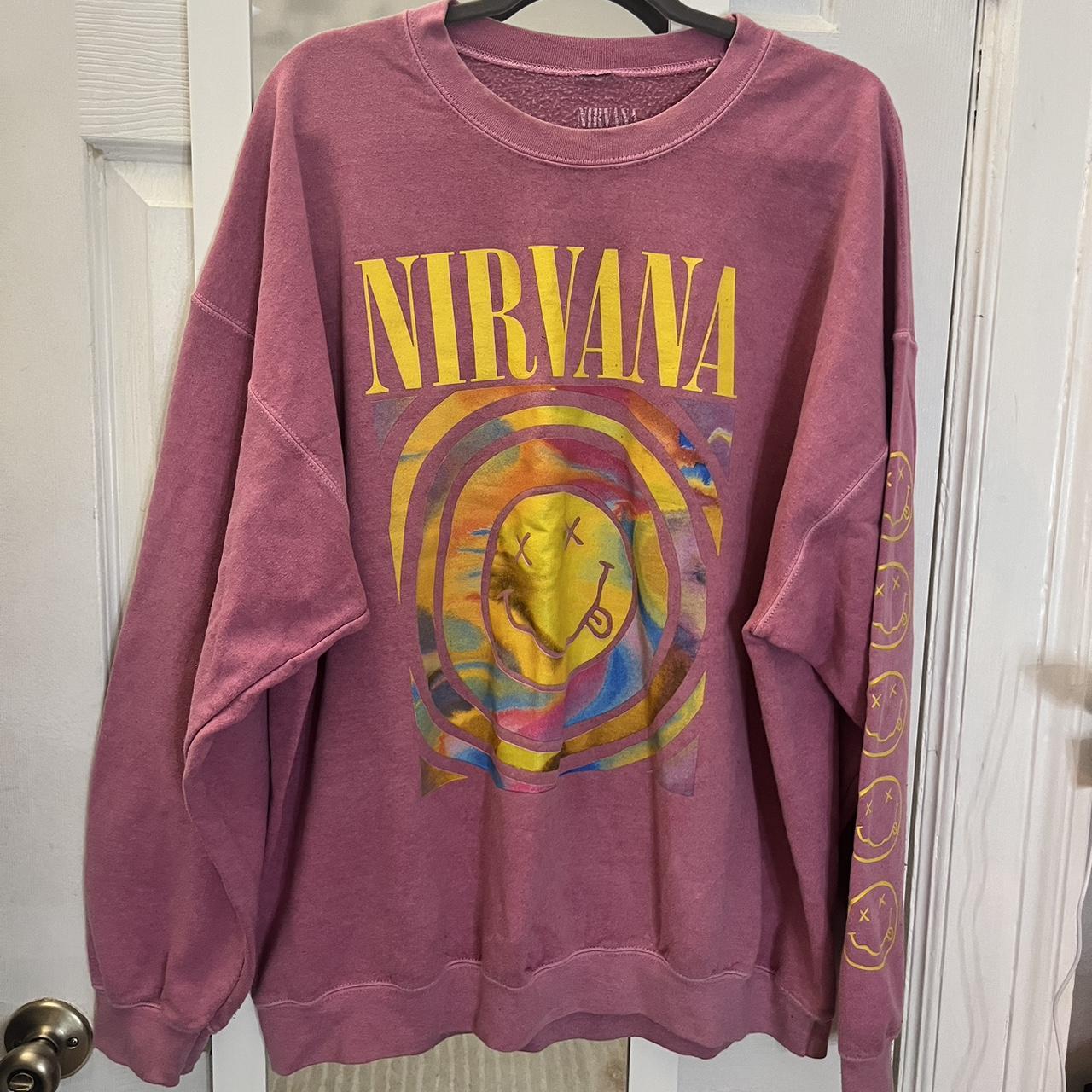 Urban outfitters pink nirvana crewneck sweatshirt... - Depop