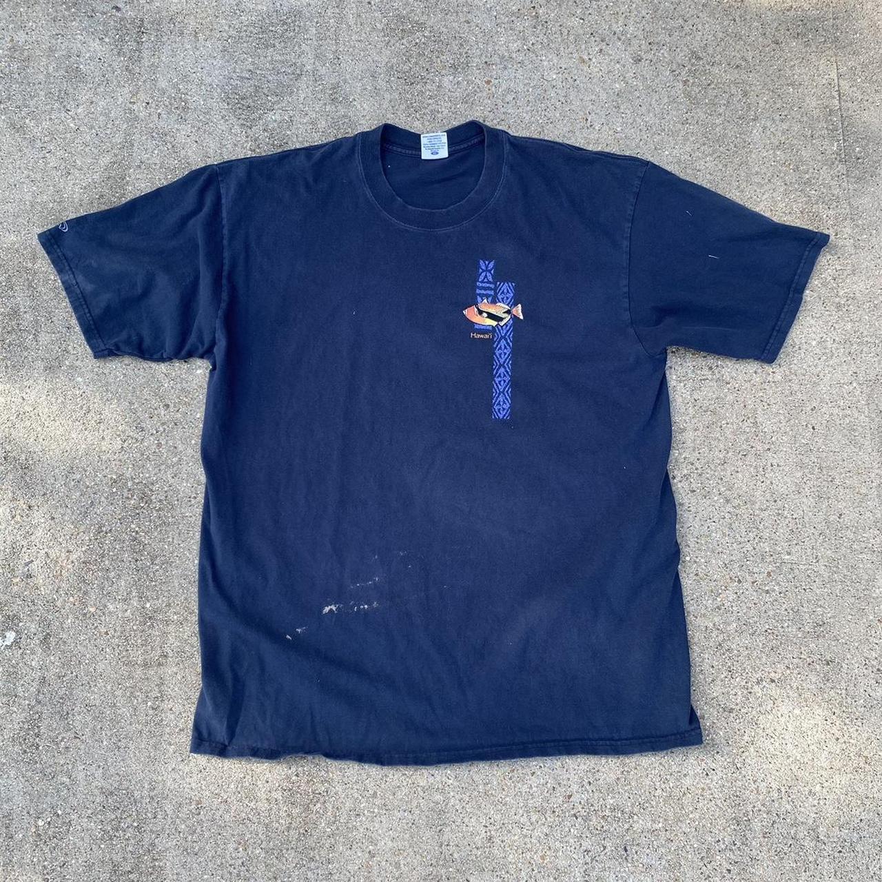 xl navy hawaiian crazy shirts t shirt in good... Depop