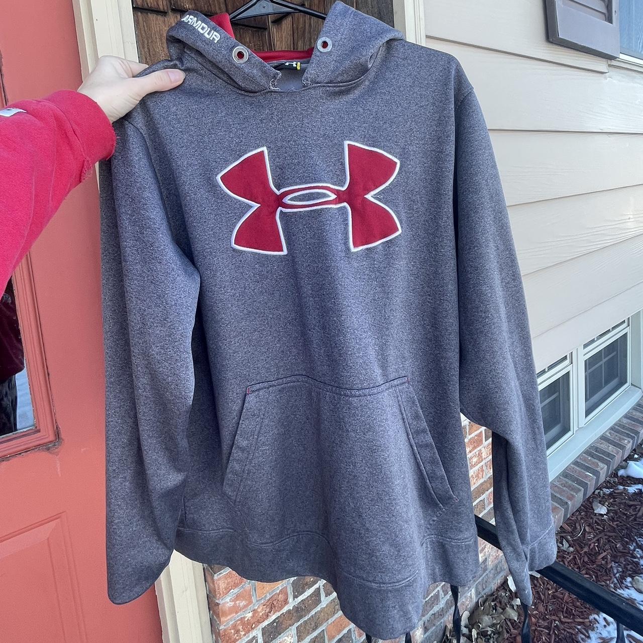 Under Armour Men's Grey and Red Hoodie Depop