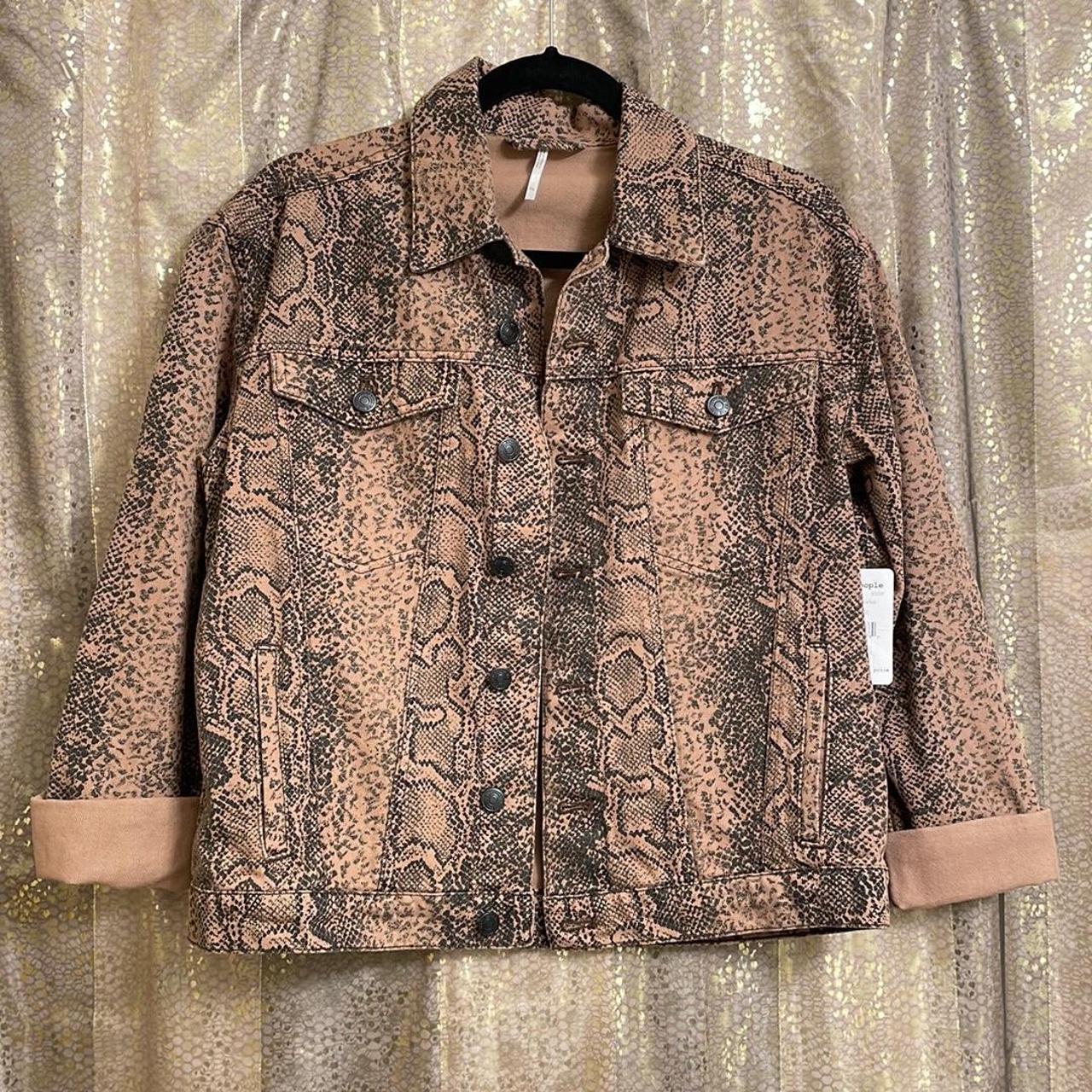 Free People outlet brown/black snake denim jean trucker jacket, NWT, size XS