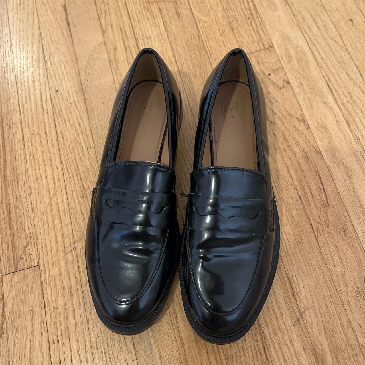 Black faux leather loafers - Depop